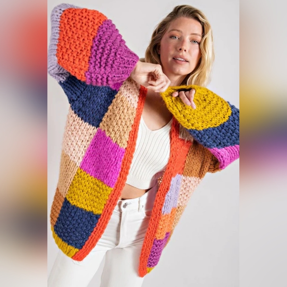 Anthropologie Entro Patchwork Knit Cardigan - Chunky Cozy Sweater - Size S - Picture 2 of 10